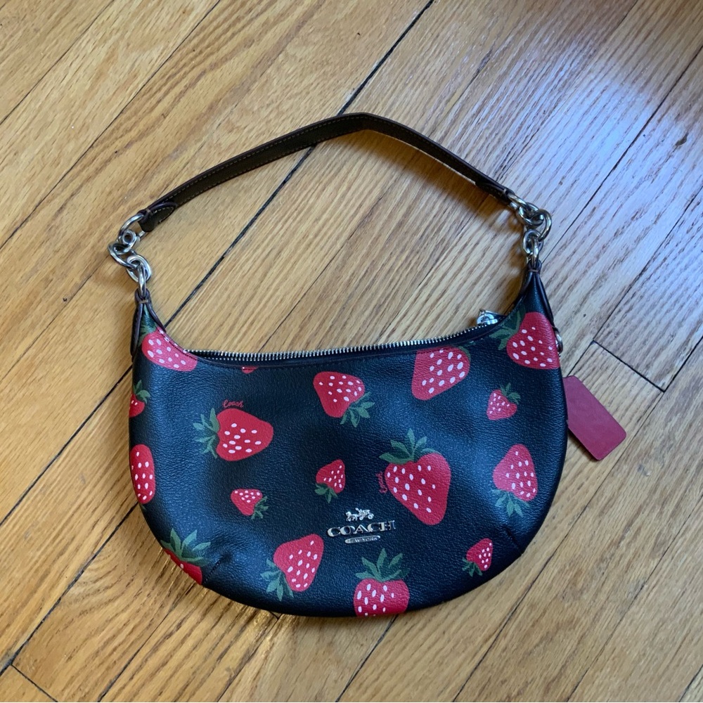 Coach Black Shoulder Bag with Red Strawberry Print